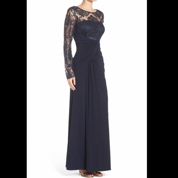 Eliza J navy blue draped long sleeve sequin gown - Picture 2 of 8